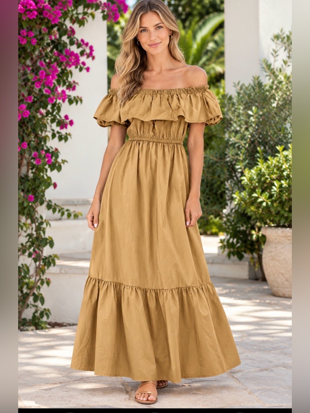 LOFT Off-Shoulder Ruffle Maxi Dress in Tan